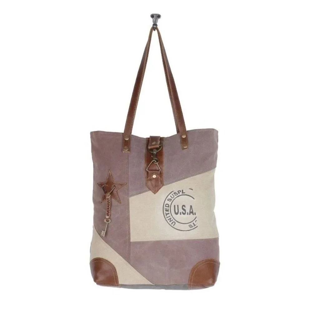 Myra Bag Handmade Undulate Tote Bag Upcycled Canvas & Cowhide Leather